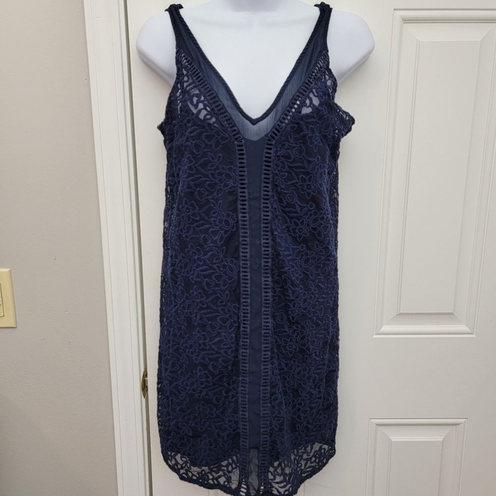 Abercrombie And Fitch Navy Blue All Over Lace V Neck Lined Sleeveless Dress S
